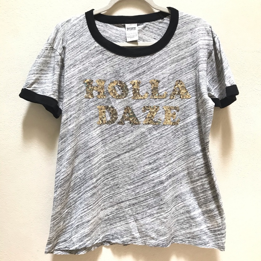 VICTORIA'S SECRET PINK HOLIDAY RINGER CREW TEE 2016 HOLLA DAZE BLING Large